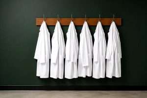 Lab coats hanging on a wall