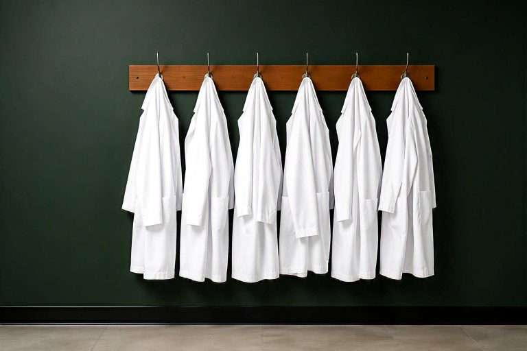 Lab coats hanging on a wall